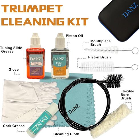 DANZ Trumpet Cleaning Kit-cleaning cloth，valve oil，cork grease,valve brush and mouthpiece brush,flexible brush,trumpet slide grease, portable storage box,trumpet care kit in Kuwait