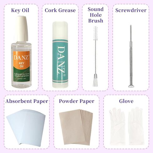 Flute Cleaning Care Kit, All-in-One Flute Maintenance Set with Bore Swab/Cloth, Absorbent Paper, Powder Paper, Brushes, Key Oil, Cork Grease, Screwdriver, Gloves & Storage Bag in Kuwait
