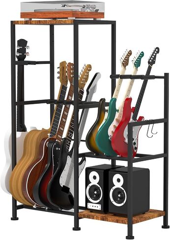 Guitar Stand for 5 Guitars and 3 ukuleles, Electric Guitar, Bass, Multiple Guitar Rack Holder for Guitars, Guitar Amp Accessories with 2 Wood Shelves for Amp Holder, for Home Music Studio in Kuwait