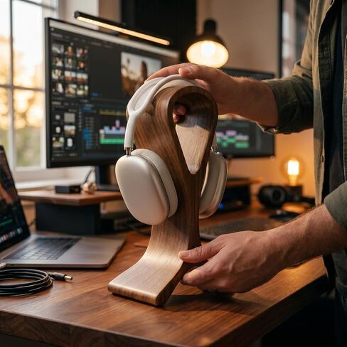 Wooden Headphone Stand for Desk – Premium Walnut Wood Headset Holder Compatible with AirPods Max, Gaming Headphones & Studio Headsets – Modern Desk Organizer & Headphone Display Stand in Kuwait