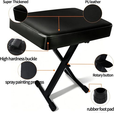 Piano Stool,Piano Bench,Keyboard Bench, Padded Cushion X-Style Height Adjustable 17.3''-19.9'', Piano Stool, Keyboard Chair, Black (Square Thickened Style) in Kuwait