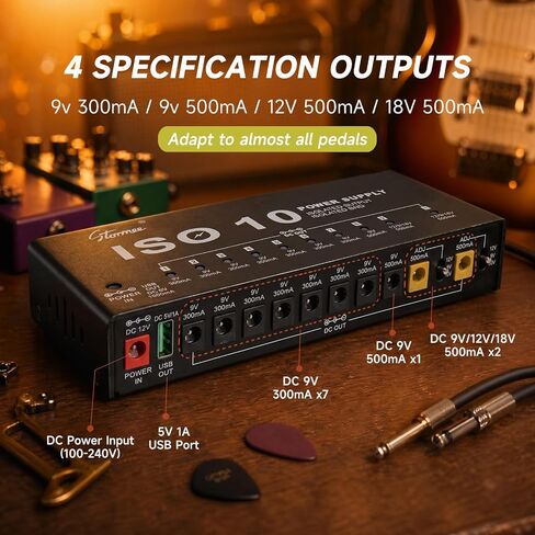 Stormee SP-2 Guitar Pedal Power Supply 10 Isolated DC Output, 9V/12V/18V 300mA 500mA for Effect Pedals, with USB Port, Short Circuit Overcurrent Protection in Kuwait