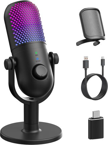 ميكروفون USB لألعاب الكمبيوتر: ميكروفون مكثف RGB للاعبين مع ميكروفون حامل - ميكروفون تسجيل للكمبيوتر والكمبيوتر المحمول مع كتم صوت Qiuck - ميكروفون بودكاست مكتبي للبودكاست والغناء والبث ويوتيوب أسود in Kuwait