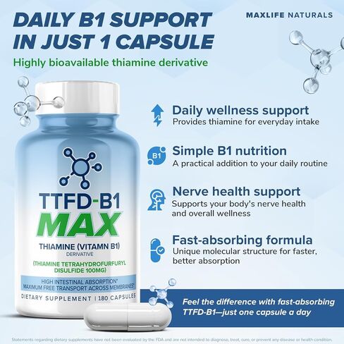 TTFD - B1 Max - ثيامين فيتامين B1 TTFD - 100 ملغ - (ثيامين رباعي هيدروفورفوريل ثاني كبريتيد) ثيامين ماكس، 60 كبسولة من MAXLIFE NATURALS. in Kuwait