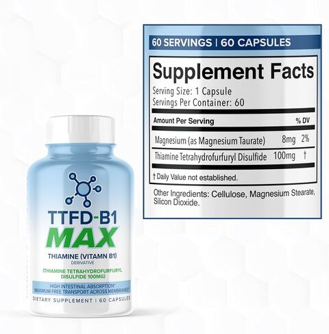 TTFD - B1 Max - ثيامين فيتامين B1 TTFD - 100 ملغ - (ثيامين رباعي هيدروفورفوريل ثاني كبريتيد) ثيامين ماكس، 60 كبسولة من MAXLIFE NATURALS. in Kuwait