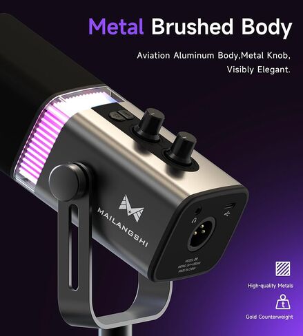 ميكروفون MAILANGSHI 192 كيلو هرتز/32 بت ديناميكي للبودكاست للكمبيوتر الشخصي، وميكروفون USB وXLR مع إضاءة RGB، وحامل سطح المكتب، وزر كتم الصوت، وجسم معدني بالكامل، والتحكم في مستوى الصوت والكسب، وميكروفون الألعاب للبث المباشر in Kuwait