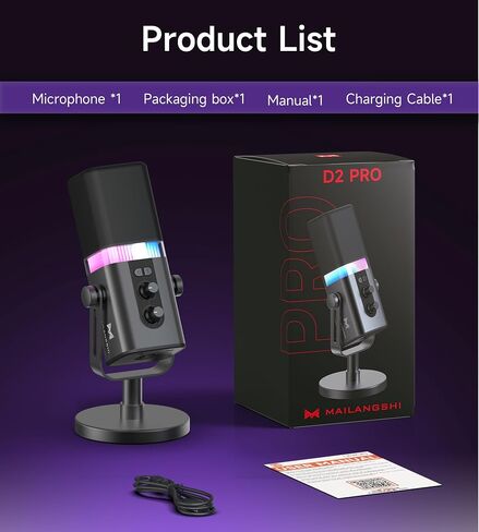 ميكروفون MAILANGSHI 192 كيلو هرتز/32 بت ديناميكي للبودكاست للكمبيوتر الشخصي، وميكروفون USB وXLR مع إضاءة RGB، وحامل سطح المكتب، وزر كتم الصوت، وجسم معدني بالكامل، والتحكم في مستوى الصوت والكسب، وميكروفون الألعاب للبث المباشر in Kuwait