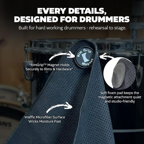KickBlock RimGrip Magnetic Drummer Towel - Waffle Microfiber Drum Kit Accessory with Neodymium Rim Magnet - Fast Drying Sweat Control Towel for Drummers - Includes Breathable Mesh Carry Bag in Kuwait