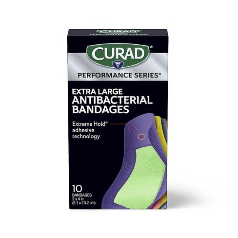 CURAD® Performance Series® Extra Large Antibacterial Bandages, Box of 10 | 2 in x 4 in Flexible Fabric Bandages for Cuts, Scrapes & Burns, Assorted Colors, Extreme Hold Adhesive Technology in Saudi Arabia