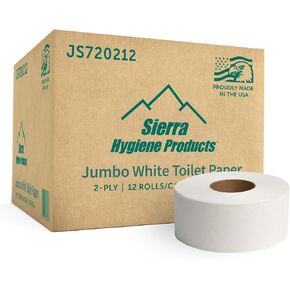 لفافات ورق تواليت ضخمة من Sierra Hygiene بطبقتين، مناديل حمام عالمية مقاس 3.5 بوصة × 720 بوصة، ورق تواليت تجاري بقطر 9 بوصة للموزعات، آمن للصرف الصحي، صنع في الولايات المتحدة الأمريكية، 12 لفة/علبة in Kuwait