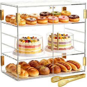 3-Tier Acrylic Pastry Display Case, Countertop Clear Bakery Display Cabinet with Adjustable Pull-Out Layers & Food Clips, Bread Storage Box for Kitchen, Bakery, Cafe – 18.90″×10.24″×16.14″ in Kuwait