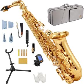 مجموعة STRICH Eb Alto Saxophone النحاسية للطلاب المبتدئين Alto Sax مع حافظة صلبة وحزام للرقبة وقطعة لسان وقصب للتمرين المنزلي لفرقة المدرسة، SSA-31G، ذهبي in Kuwait