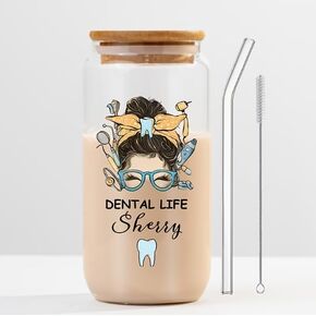 Dental Life Glass Can Cup with Bamboo Lid and Glass Straw, Personalized Jasmine Design (2) in Saudi Arabia