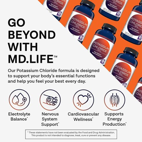 MD Life Potassium Chloride Supplement - Third Party Lab Tested - 99mg 90 Count - Potassium Chloride Capsules May Help Support Muscle Function & Healthy Blood Pressure Vegetarian Potassium Supplement in Kuwait