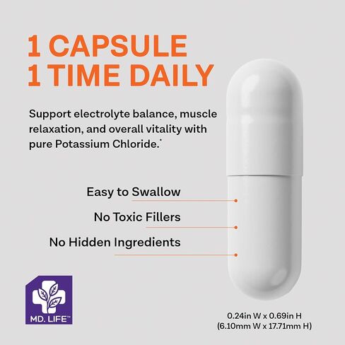 MD Life Potassium Chloride Supplement - Third Party Lab Tested - 99mg 90 Count - Potassium Chloride Capsules May Help Support Muscle Function & Healthy Blood Pressure Vegetarian Potassium Supplement in Kuwait