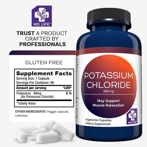 MD Life Potassium Chloride Supplement - Third Party Lab Tested - 99mg 90 Count - Potassium Chloride Capsules May Help Support Muscle Function & Healthy Blood Pressure Vegetarian Potassium Supplement in Kuwait