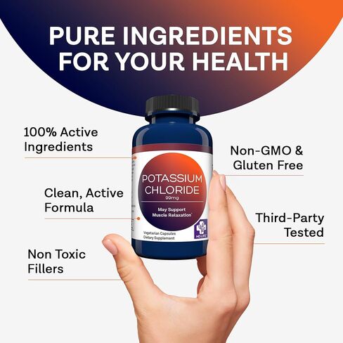 MD Life Potassium Chloride Supplement - Third Party Lab Tested - 99mg 90 Count - Potassium Chloride Capsules May Help Support Muscle Function & Healthy Blood Pressure Vegetarian Potassium Supplement in Kuwait