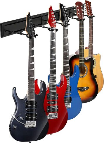 Guitar Wall Mount Hangers, Holds Multi Guitars, Aluminum Metal Guitar Stand Bass Holder, Wood Grain Base Plate Rack, Adjustable Instruments Display Set for Ukulele Banjo (Black 5 Hangers) in Saudi Arabia