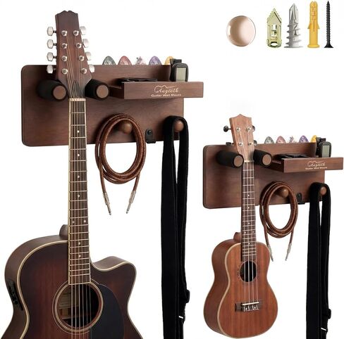 Solid Wood Guitar Wall Mount with Shelf & Picks Slot - Multi-Functional Instrument Rack, Anti-Collision Secure Hook for Acoustic/Electric Guitar/Bass/Ukulele, Studio Decor & Musician Gift in Kuwait
