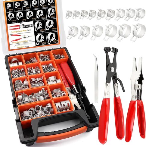 352Pcs Carbon Steel Spring Hose Clamp Kit - Black Oxide + Case & Pliers | 15 sizes 6-25mm, 352 pcs with case + clamp pliers & removal tool. Carbon steel, black oxide finish, for low-pressure systems. in Kuwait