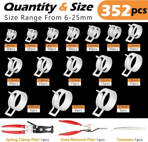 352Pcs Carbon Steel Spring Hose Clamp Kit - Black Oxide + Case & Pliers | 15 sizes 6-25mm, 352 pcs with case + clamp pliers & removal tool. Carbon steel, black oxide finish, for low-pressure systems. in Kuwait
