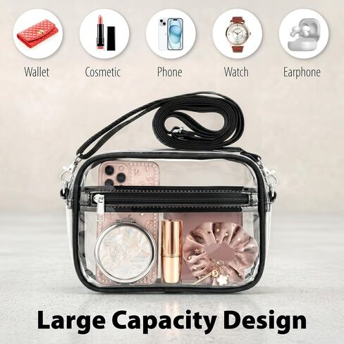 Garnen Clear Crossbody Bag, Stadium Approved 4.72x8.27x1.97 Black | Clear PVC, adjustable strap, compact mini purse, for concerts/stadium events, unisex. in Kuwait