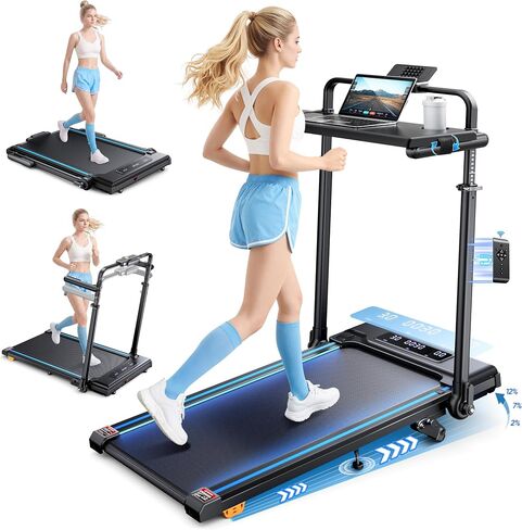 3.0HP Walking Pad Treadmill with Incline 2%-7%-12%, 6 in 1 Foldable Treadmill for Home with Removable Desk, Adjustable Handle Bar, RGB Lights, LED Display, Remote&APP Control, 330LBS Capacity in Kuwait