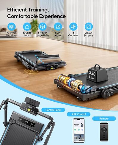 3.0HP Walking Pad Treadmill with Incline 2%-7%-12%, 6 in 1 Foldable Treadmill for Home with Removable Desk, Adjustable Handle Bar, RGB Lights, LED Display, Remote&APP Control, 330LBS Capacity in Kuwait