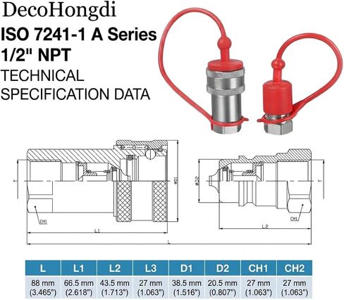 ISO 7241-1 A Series Hydraulic Quick Disconnect Coupler Set, 1/2" NPT Male & Female, Poppet Valve, Carbon Steel, for Tractor, Agricultural & Industrial Hydraulics with dust caps, 4Packs in Kuwait