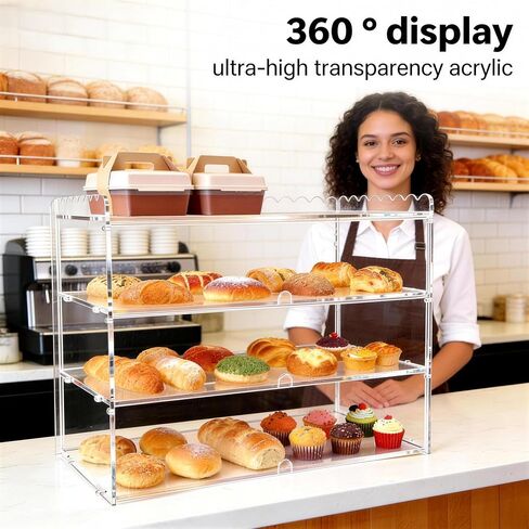 3 Tier Bakery Display Case, 19.5" x 10.24" x 14.5", Clear Countertop Acrylic Bread Box & Pastry Display Case, Holds Cakes, Donuts and Cookies, for Home Kitchen, Bakeries & Cafés in Kuwait