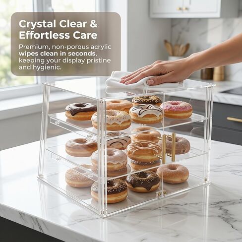 3-Tier Commercial Bakery Display Case with Removable Trays, 18.9" L x 17.8" W x 14.17" H Countertop Pastry Showcase, Clear Acrylic PETG Dessert Cabinet with Magnetic Doors for Donuts Cakes Cookies in Kuwait