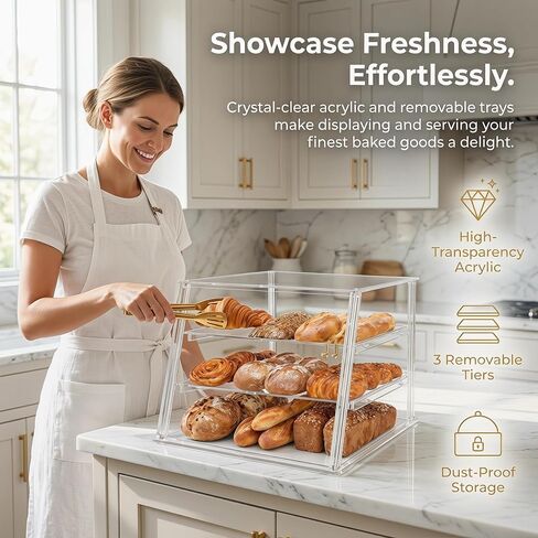 3-Tier Commercial Bakery Display Case with Removable Trays, 18.9" L x 17.8" W x 14.17" H Countertop Pastry Showcase, Clear Acrylic PETG Dessert Cabinet with Magnetic Doors for Donuts Cakes Cookies in Kuwait