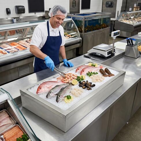 AmGood 24 in. x 48 in. Stainless Steel Ice Display Chiller, Insulated Tabletop Cold Food Display for Seafood, Beverages & Catering, Commercial Buffet Ice Bin with Drain, NSF in Kuwait