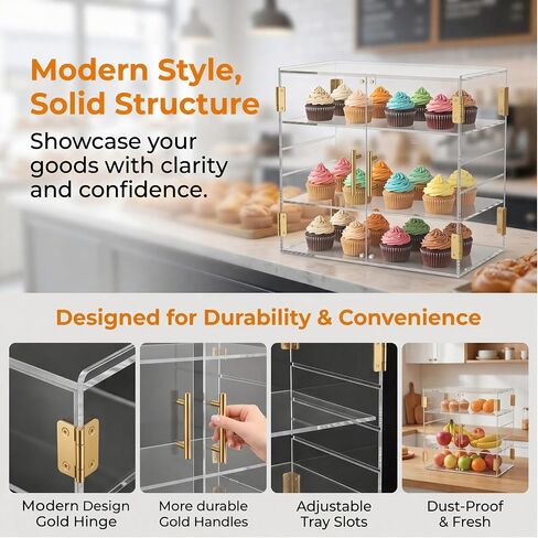 3-Tier Acrylic Pastry Display Case, Countertop Clear Bakery Display Cabinet with Adjustable Pull-Out Layers & Food Clips, Bread Storage Box for Kitchen, Bakery, Cafe – 18.90″×10.24″×16.14″ in Kuwait