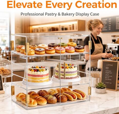 3-Tier Acrylic Pastry Display Case, Countertop Clear Bakery Display Cabinet with Adjustable Pull-Out Layers & Food Clips, Bread Storage Box for Kitchen, Bakery, Cafe – 18.90″×10.24″×16.14″ in Kuwait
