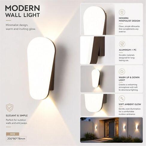 Black Die-Cast Aluminum & PC Wall Sconce, Modern Outdoor Wall Light, Waterproof Exterior Wall Lamp with Up Down, Porch Lighting Fixtures for Patio Entryway Courtyard Balcony Foyer Threshold in Kuwait