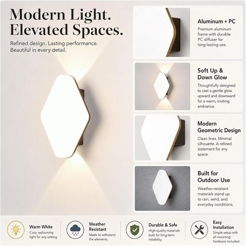 Modern Diamond LED Outdoor Wall Light, Black Die-Cast Aluminum & PC Wall Sconce, Waterproof Exterior Wall Lamp with Up Down, Porch Lighting Fixtures for Patio Entry Garden Foyer Threshold in Kuwait
