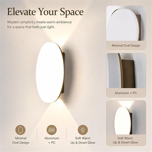 Simple Oval Outdoor Wall Light, Black Die-Cast Aluminum & PC Wall Sconce, IP65 Waterproof Exterior Wall Lamp with Up Down, Porch Lighting Fixtures for Patio Entryway Yard Foyer Threshold in Kuwait