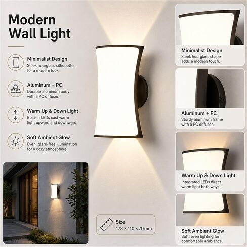 Black Die-Cast Aluminum & PC Wall Sconce, Simple LED Outdoor Wall Light, Waterproof Exterior Wall Lamp with Up Down, Porch Lighting Fixtures for Patio Garden Balcony Fence Foyer Threshold in Saudi Arabia