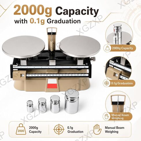 Double Pan Balance Scale, Mechanical Double Pan Balance with 0.1g Graduation, 2000g Capacity, Stainless Steel, Zero Adjustment and 4-piece Weight Set, for Colleges, Laboratory in Kuwait
