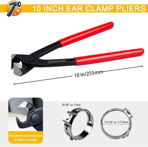 10 Inches Ear Clamp Pliers,Hose Clamp Crimping Tool,Carbon Steel Crimper Tool for Install Remove,Pincer Crimper Tool for Pipe Hose Clamps with 10pcs 1/2"304 Stainless Steel Hose Crimp in Kuwait