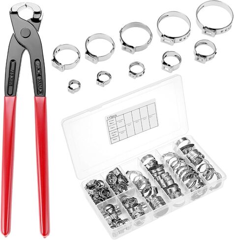 QWORK 116PCS 304 Stainless Steel Ear Hose Clamp Assortment Kit with Pincer 6-28.6mm Single Ear Stepless Crimp Clamps for Fuel Line Pipe Auto Home Appliance Maintenance in Kuwait