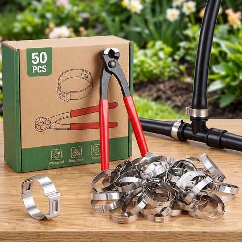Duraaamo 50 Pcs 1 Inch Irrigation Sprinkler Clamp with 9 Inch Ear Clamp Pliers, Pinch Double Gripping Leakproof Hose Pipe Clamps, Drip Irrigation Kit Connector for 1" Pipe and Fittings in Kuwait