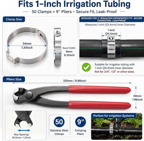 Duraaamo 50 Pcs 1 Inch Irrigation Sprinkler Clamp with 9 Inch Ear Clamp Pliers, Pinch Double Gripping Leakproof Hose Pipe Clamps, Drip Irrigation Kit Connector for 1" Pipe and Fittings in Kuwait