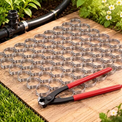 Duraaamo 50 Pcs 1 Inch Irrigation Sprinkler Clamp with 9 Inch Ear Clamp Pliers, Pinch Double Gripping Leakproof Hose Pipe Clamps, Drip Irrigation Kit Connector for 1" Pipe and Fittings in Kuwait
