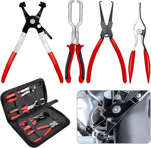 4Pcs Hose Clamp Pliers Set — Straight Clamp Tool, Removal Plier, Large & Small Jaw Fuel Line Tools for Radiator, Fuel & Vacuum Line Repair, Oxford Storage Bag in Kuwait