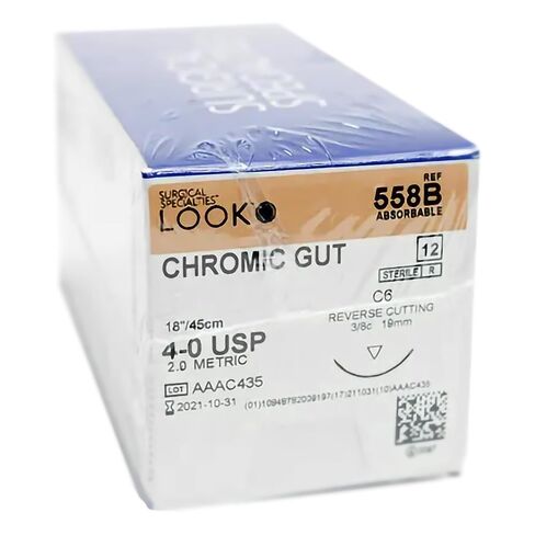Look X558B Chromic Gut Absorbable Sutures 4-0 18" C6 3/8 Circle Reverse Cutting 19mm 12/Pk in Kuwait