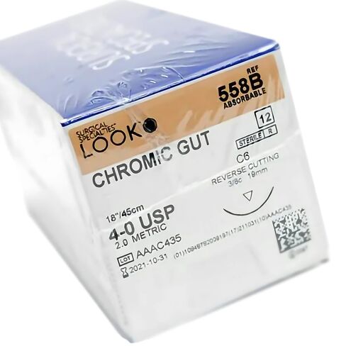 Look X558B Chromic Gut Absorbable Sutures 4-0 18" C6 3/8 Circle Reverse Cutting 19mm 12/Pk in Kuwait