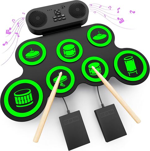 Electric Drum Set Built-in Speaker, Kids Electronic Drum Practice Pad Kit, Portable Roll Up Drum Machine with 2 Foot Pedals, Drumsticks, Great Birthday for Girls Boys in Kuwait