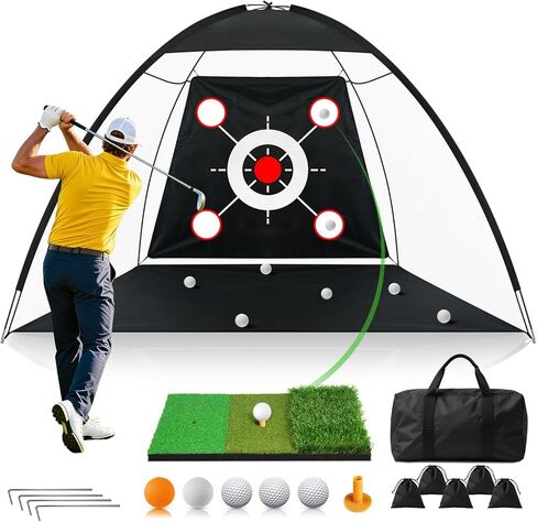 Golf Net 10x7FT All-in-One with Tri-Turf Practice Mat, Ball, Target & Carry Bag, Backyard & Indoor Outdoor Golf Hitting Net for Driving, Chipping, Swing Training, Golf Gift for Men, Dad, Him, Golfer in Kuwait